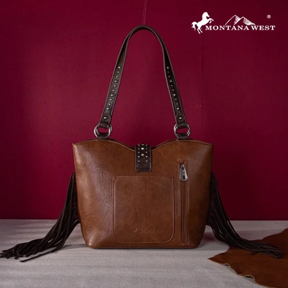 Montana West Embroidered Fringe Concealed Carry Boot Purse Tote Brown